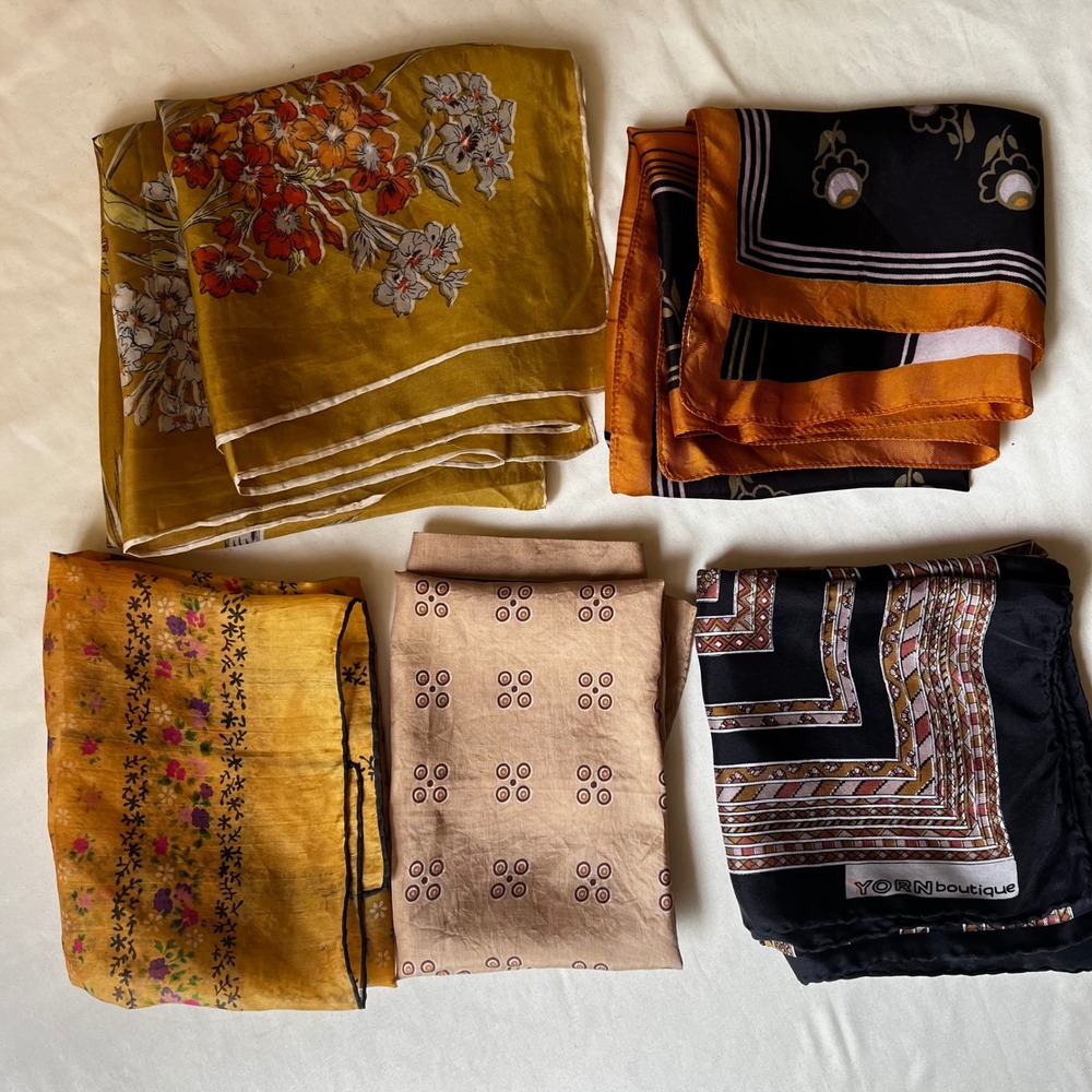 Lot of 5 Vintage Silk Blend Rayon Scarves Floral Geometric Square 1950s 60s